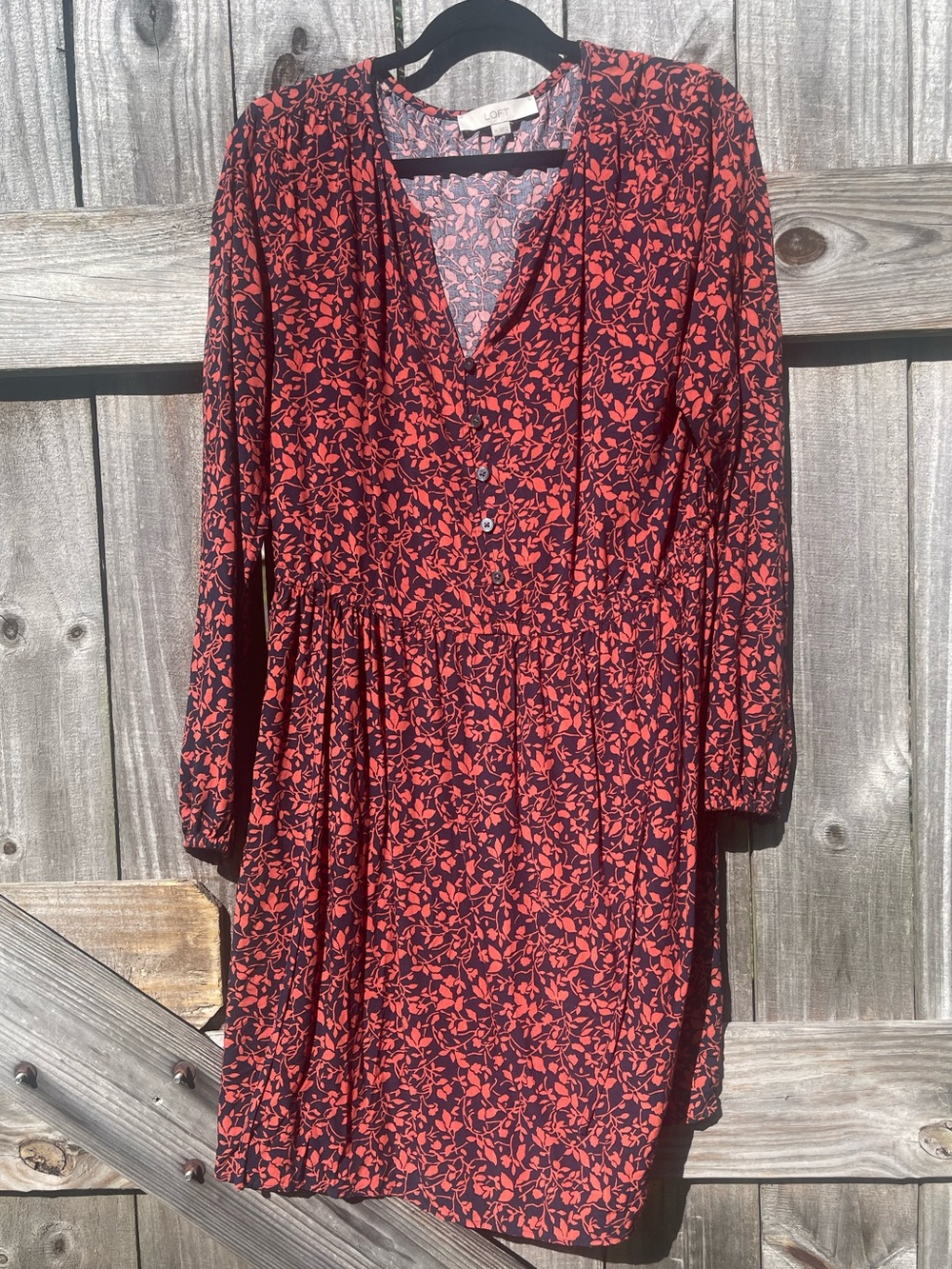 LOFT Black and Red Floral Long-Sleeve V-Neck Dress Sz M